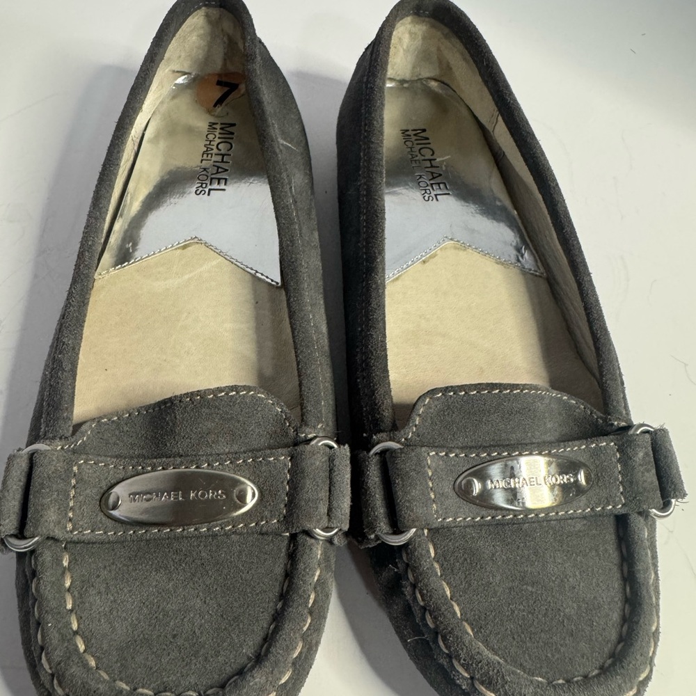 Michael Kors Gray Suede Loafers with Silver Hardware